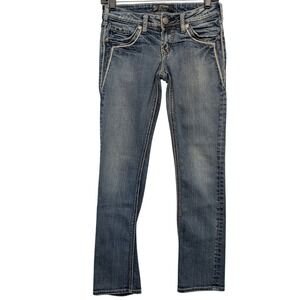 Silver Jeans Co Aiko Low Straight Jeans Womens 25x30 Blue Embroidered